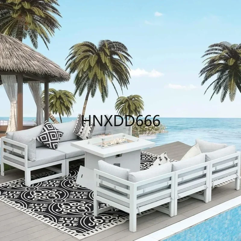 Outdoor Furniture With Fire Pit - ชุดเฟอร์นิเจอร์อลูมิเนียมสำหรับลานกลางแจ้ง 7 ชิ้น พร้อมโต๊ะเตาผิงแบบปรับเปลี่ยนได้ขนาด 43 นิ้ว