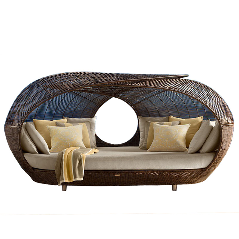 Outdoor Daybed Furniture - เตียงนอนกลางแจ้งหวายสังเคราะห์ทรงครึ่งวงกลมคุณภาพดี ขายดี พร้อมเบาะนุ่ม/เตียงอาบแดดในสวน