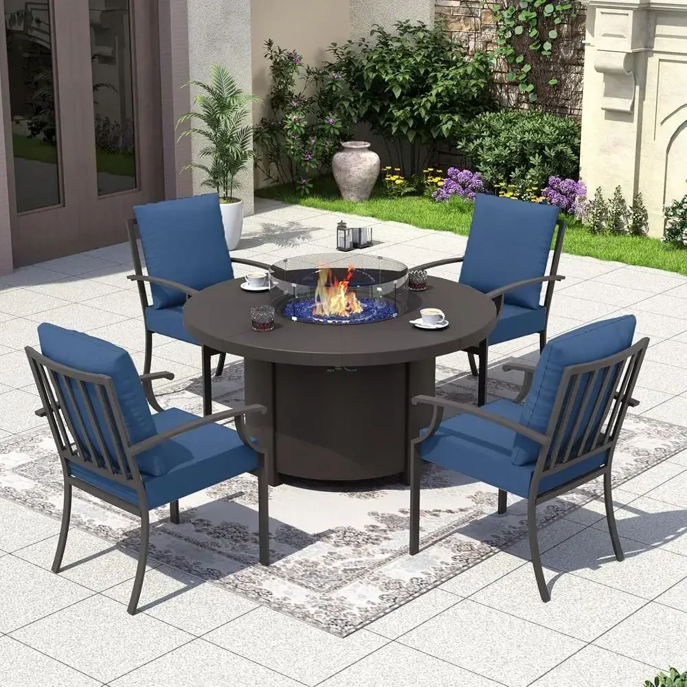 Outdoor Furniture With Fire Pit - ชุดเฟอร์นิเจอร์กลางแจ้ง 5 ชิ้น พร้อมโต๊ะเตาผิงทรงกลมและเก้าอี้มีเบาะรองนั่ง สีน้ำเงินกรมท่า