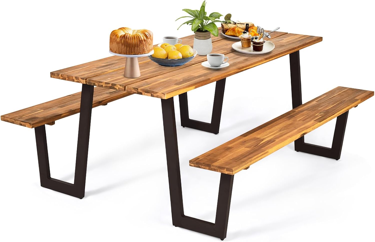 Outdoor Furniture Dining Set - ชุดโต๊ะปิกนิกพร้อมม้านั่งไม้กระถิน, โต๊ะรับประทานอาหารกลางแจ้งพร้อมช่องสำหรับร่ม, โครงเหล็กแข็งแรงทนทานสำหรับสวนหลังบ้าน, สนามหญ้า, บาร์บีคิว, สีน้ำตาลและดำ,