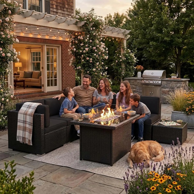 Outdoor Furniture With Fire Pit - ชุดโซฟาหวายสำหรับลานกลางแจ้ง 8 ชิ้น พร้อมโต๊ะเตาผิงแก๊สขนาด 44 นิ้ว