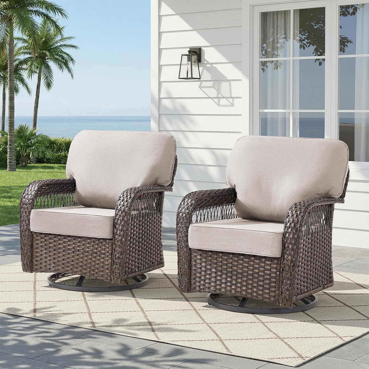 Deck Chair Lounger - ชุดเก้าอี้โยกหมุนหวายสำหรับลานระเบียงสวนกลางแจ้ง 2 ตัว สีเบจ ปรับแต่งได้