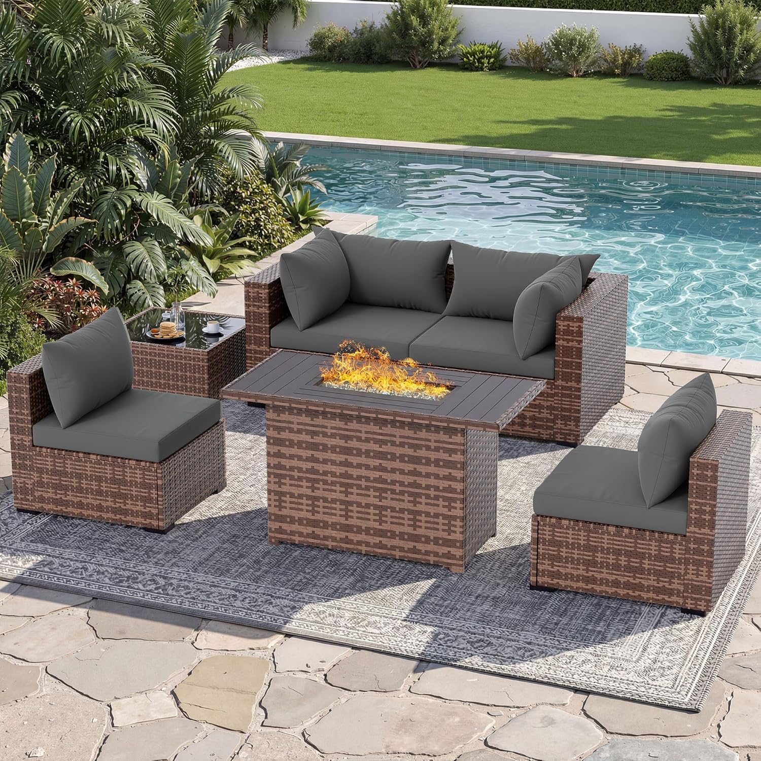 Outdoor Furniture With Fire Pit - ชุดโซฟาแบบแยกส่วน 5 ชิ้น สำหรับใช้งานกลางแจ้ง พร้อมโต๊ะเตาไฟ เฟอร์นิเจอร์หวายสำหรับพื้นที่กลางแจ้ง