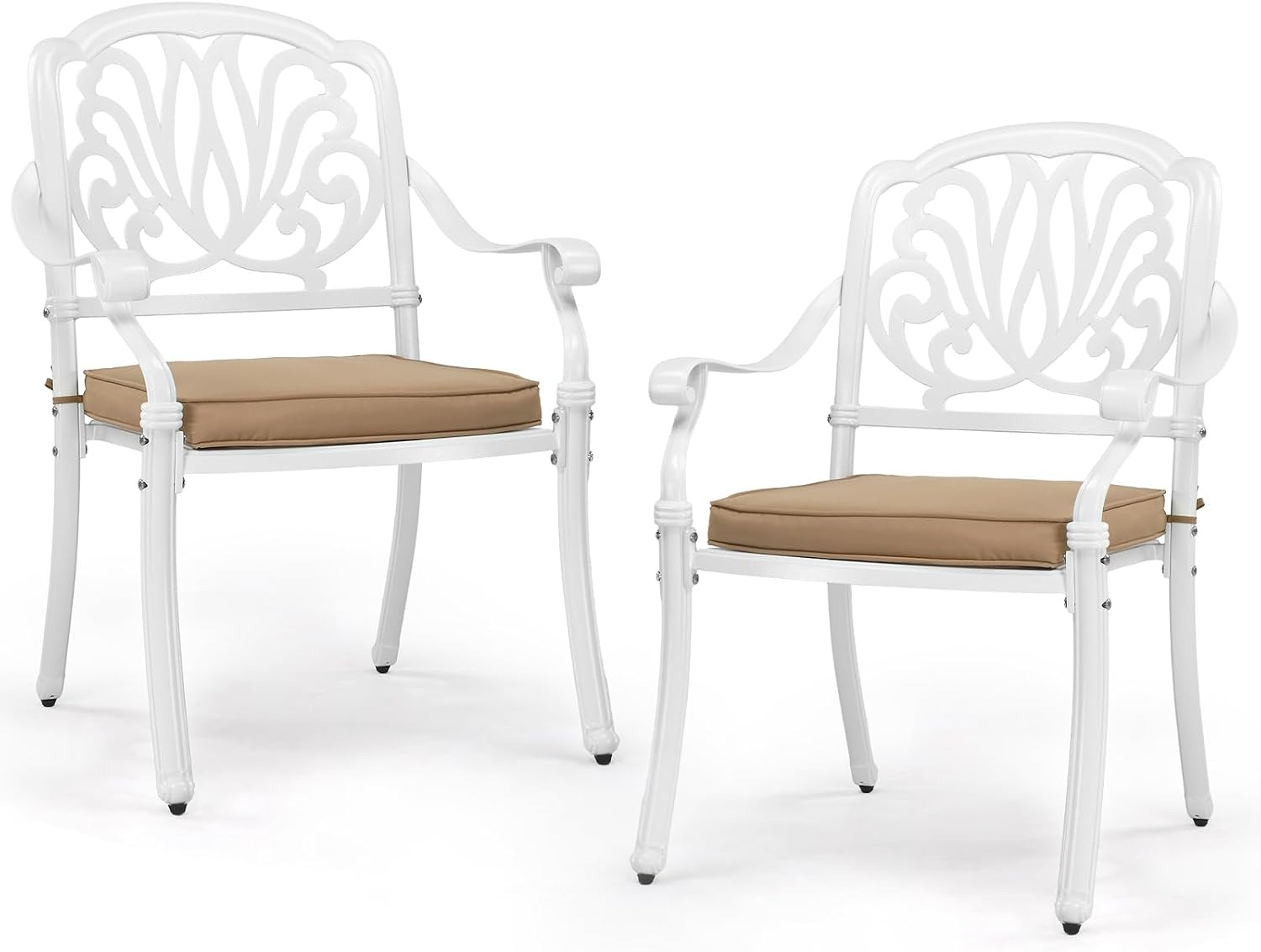 Outdoor Furniture Dining Set - ชุดเก้าอี้รับประทานอาหารสำหรับลานกลางแจ้งทำจากอะลูมิเนียมหล่อ, เก้าอี้มีที่วางแขนแบบซ้อนกันได้พร้อมเบาะรองนั่งนุ่มสบาย, เฟอร์นิเจอร์นั่งเล่นลายดอกไม้โลหะสำหรับลานหลังบ้าน ริมสระน้ำ ระเบียง สวน