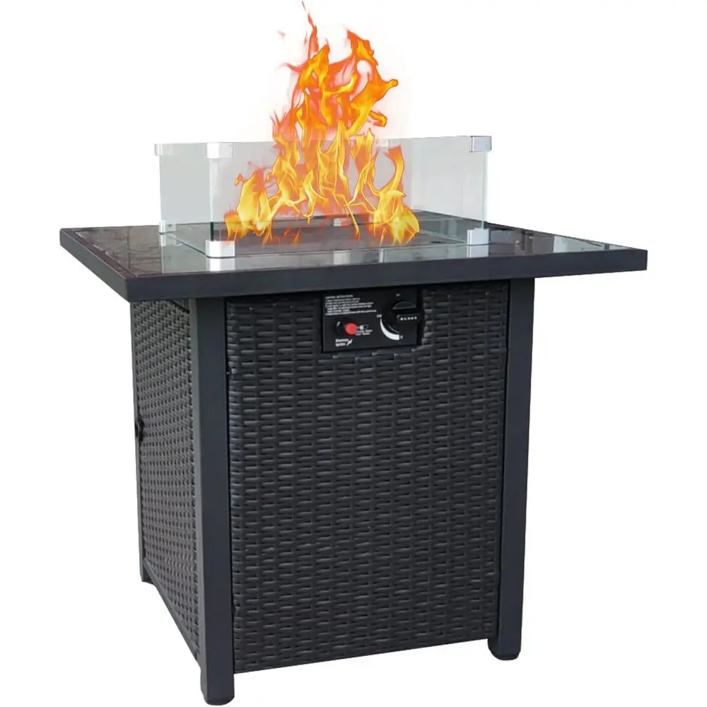 Outdoor Furniture With Fire Pit - ชุดเฟอร์นิเจอร์หวายสำหรับลานกลางแจ้ง, โซฟาหวายแบบแยกส่วนพร้อมเบาะนุ่มและโต๊ะเตาไฟ