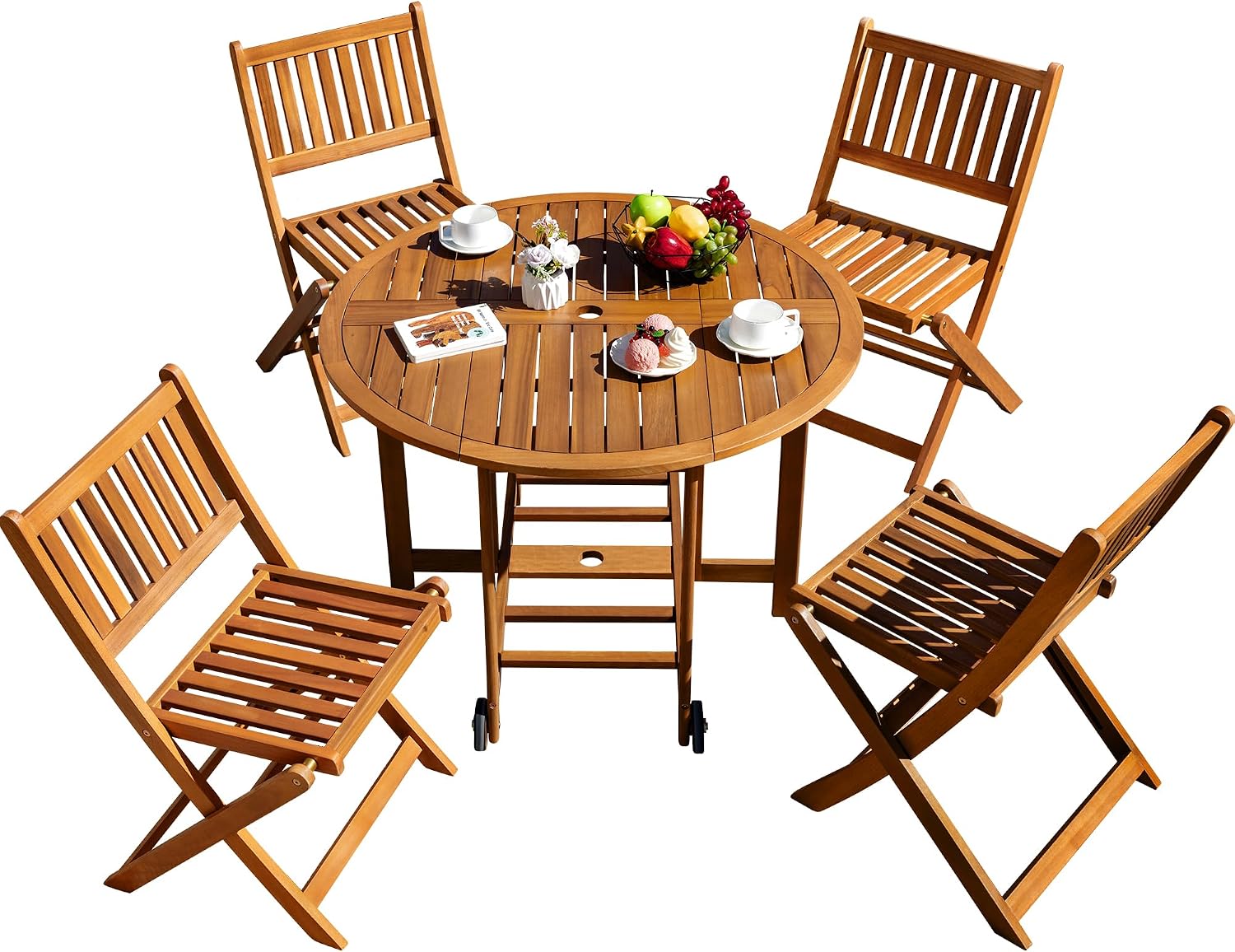 Outdoor Furniture Dining Set - ชุดเฟอร์นิเจอร์รับประทานอาหารกลางแจ้ง 5 ชิ้น โต๊ะกลมไม้พับได้สำหรับทุกสภาพอากาศ พร้อมเก้าอี้ สำหรับลานหลังบ้าน