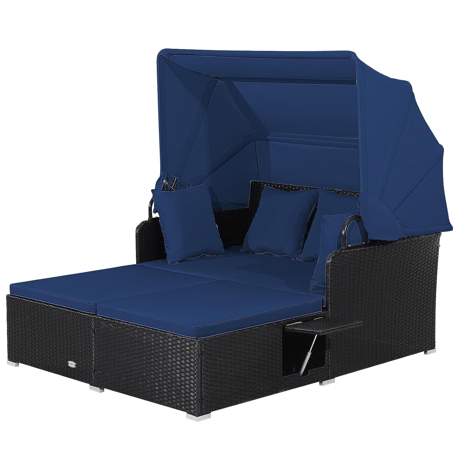 Outdoor Daybed Furniture - เตียงนอนกลางแจ้งพร้อมหลังคาพับเก็บได้ โครงหวาย 2 โต๊ะข้าง เบาะรองนั่ง เก้าอี้พักผ่อนหวาย