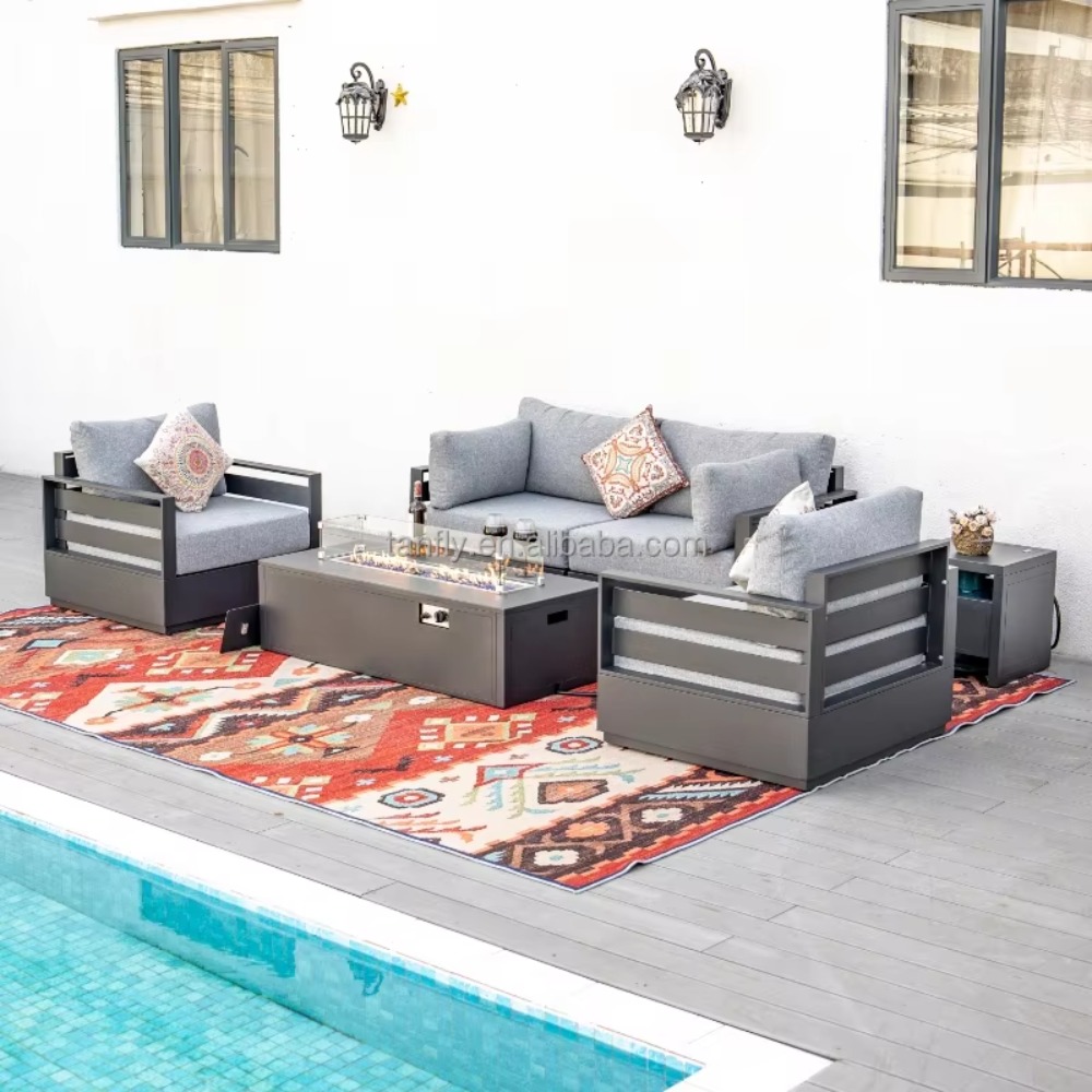 Outdoor Furniture With Fire Pit - ชุดเฟอร์นิเจอร์กลางแจ้งสำหรับโรงแรมวิลล่า ชุดโซฟาเฟอร์นิเจอร์สวนอะลูมิเนียมทันสมัย พร้อมโต๊ะเตาไฟ