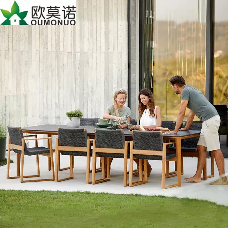 Outdoor Furniture Dining Set - ชุดโต๊ะรับประทานอาหารหวายและไม้สักสำหรับกลางแจ้ง 1 โต๊ะ 6 เก้าอี้ ไม้กันเชื้อรา