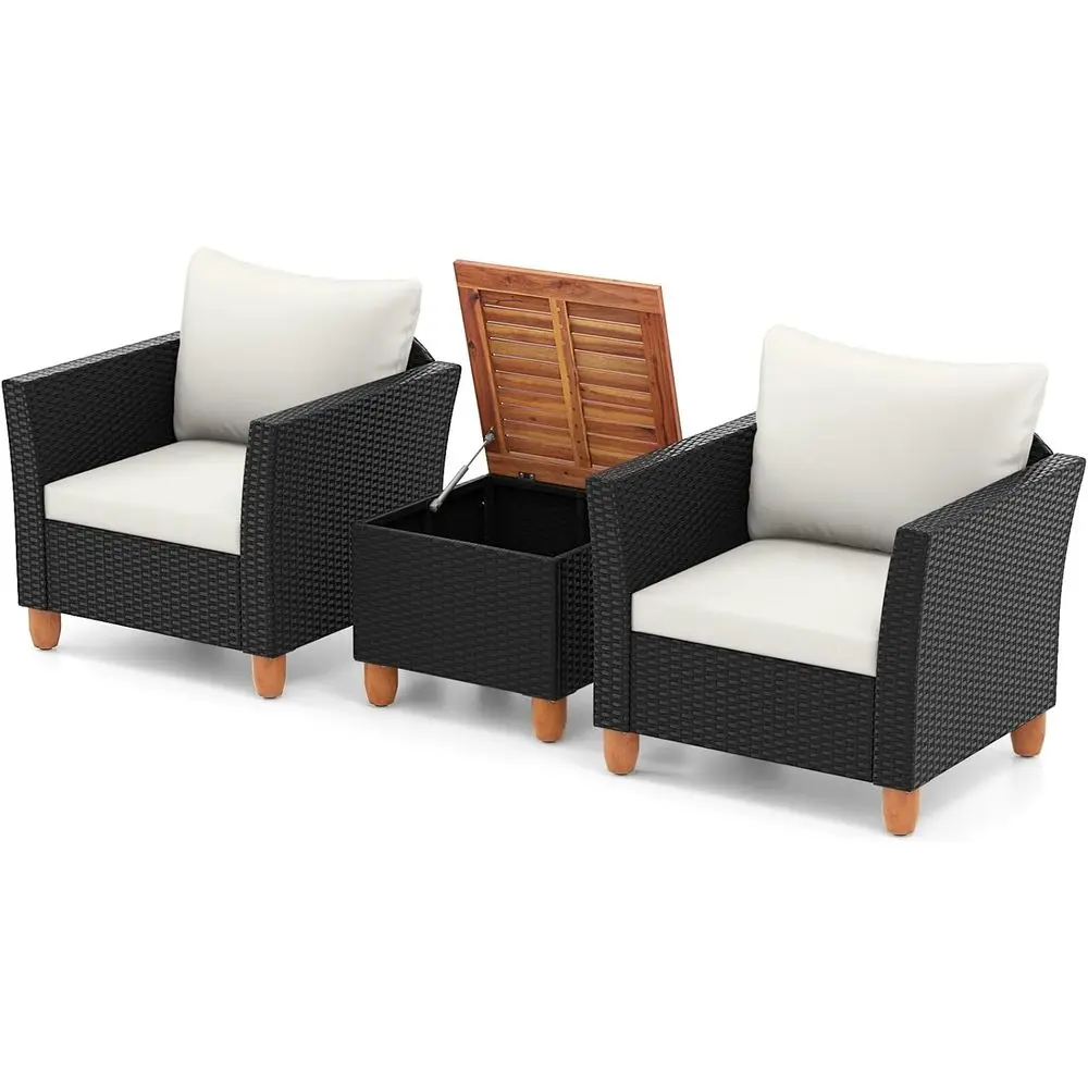 Outdoor Furniture Bali - ชุดเฟอร์นิเจอร์กลางแจ้ง 3 ชิ้น พร้อมเบาะรองนั่งและโต๊ะเก็บของ เก้าอี้บิสโทรไม้กระถินสีขาวสำหรับสวนหรือริมสระน้ำ