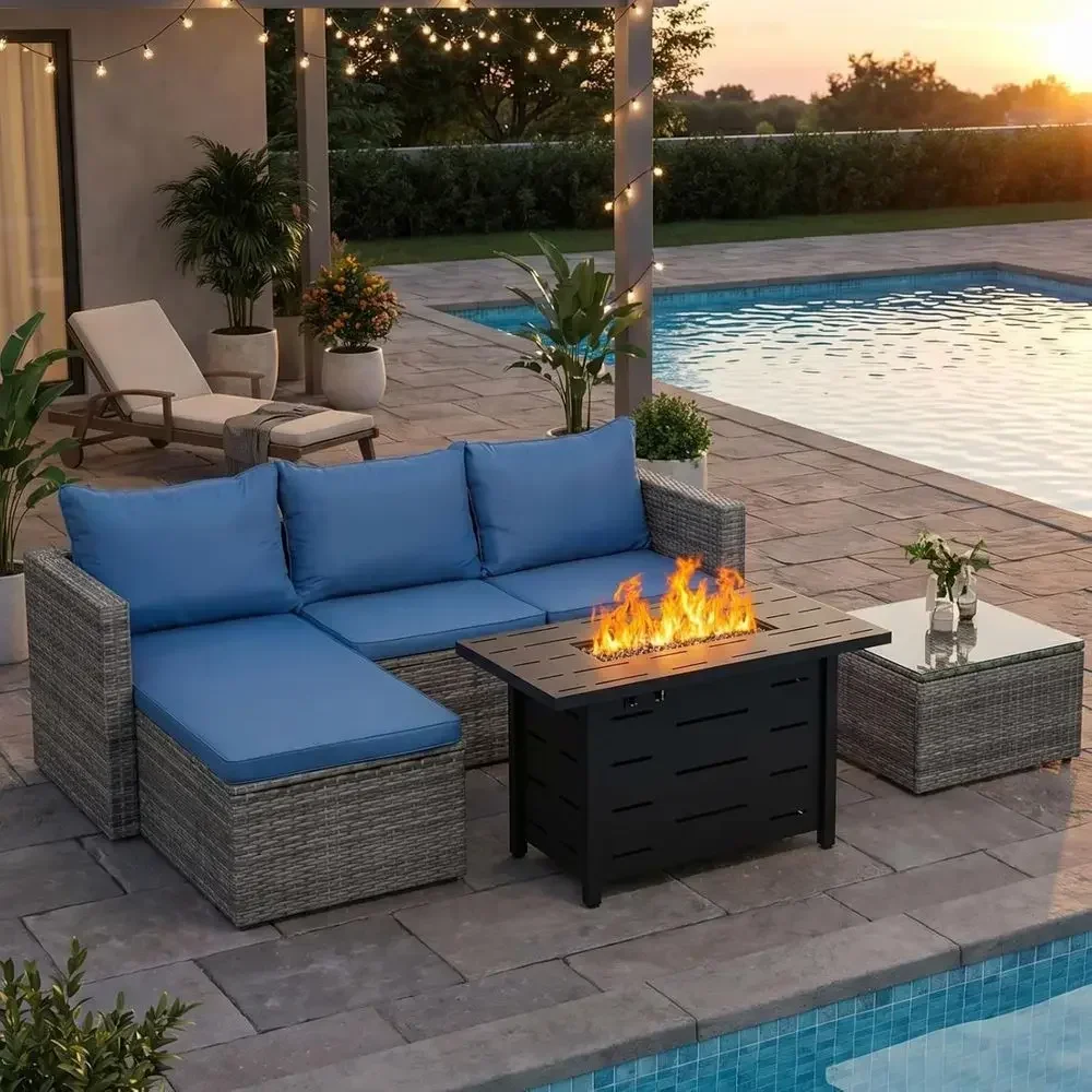Outdoor Furniture With Fire Pit - ชุดเฟอร์นิเจอร์หวายสำหรับลานกลางแจ้ง 4 ชิ้น พร้อมเตาไฟโพรเพนขนาด 43 นิ้ว