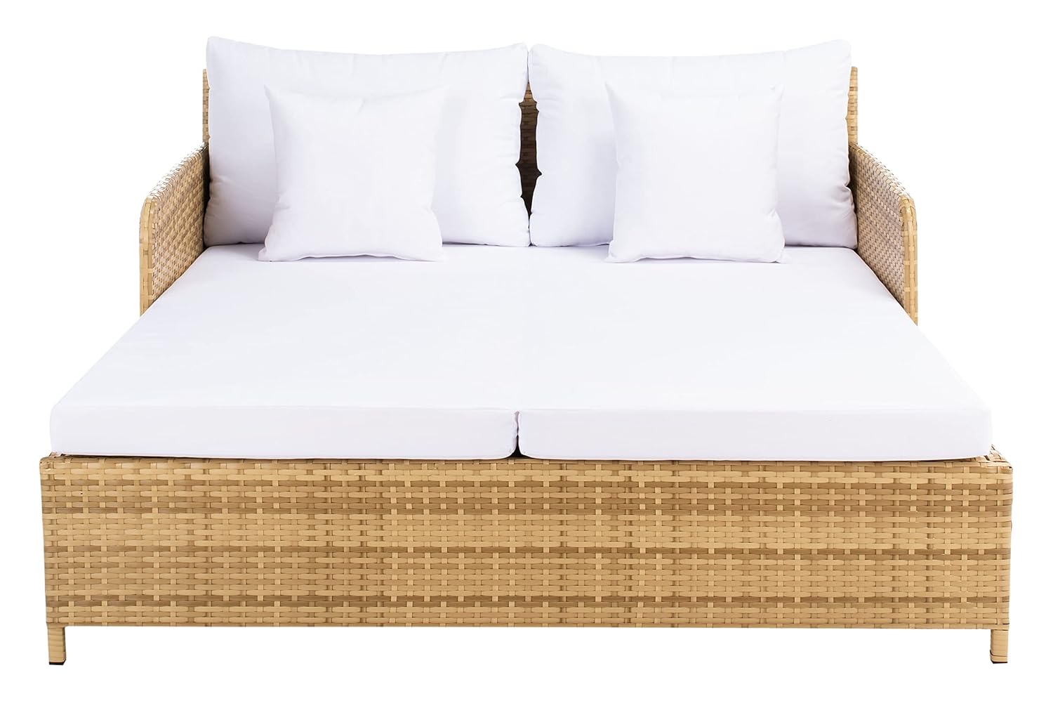 Outdoor Daybed Furniture - เตียงนอนกลางแจ้ง Cadeo โครงเหล็กสีธรรมชาติและสีขาวพร้อมเบาะรองนั่ง ดีไซน์แบบรีสอร์ทที่มีเบาะรองนั่งลึกพร้อมหมอน เหมาะสำหรับการปรับแต่งตามความต้องการ
